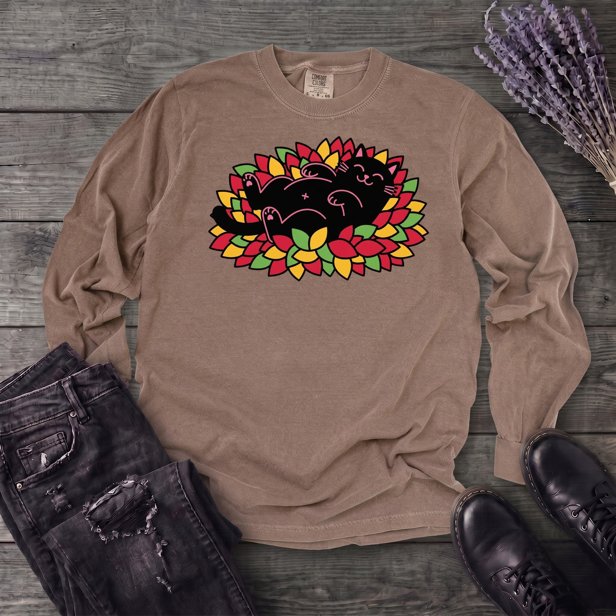 Black Cat Rolling Leaves Long Sleeve T-Shirt