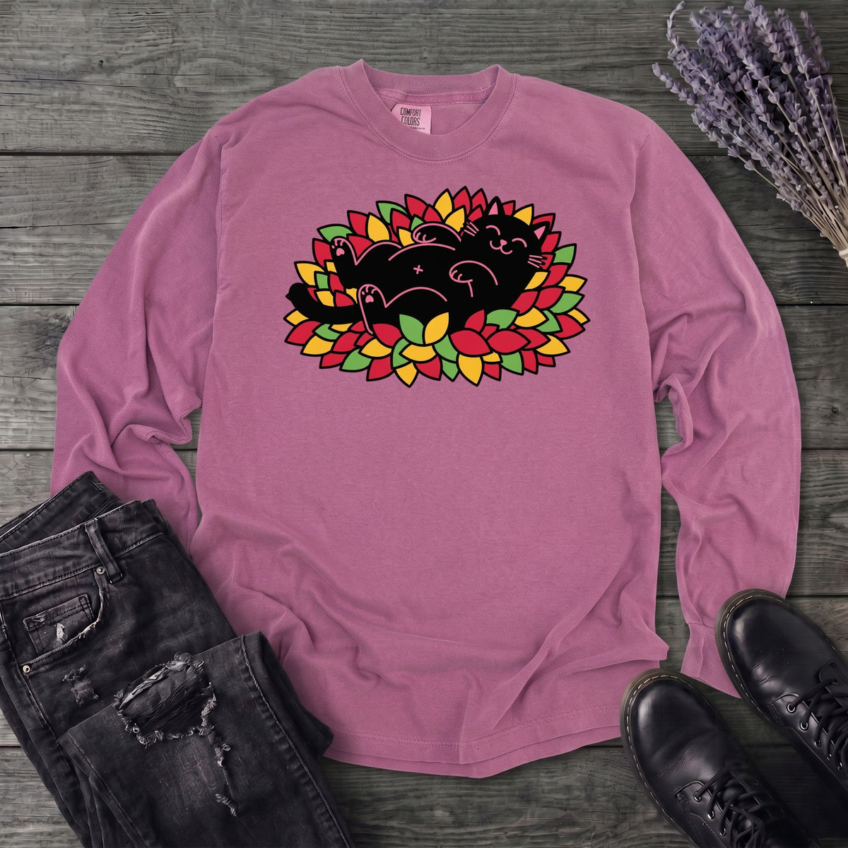 Black Cat Rolling Leaves Long Sleeve T-Shirt