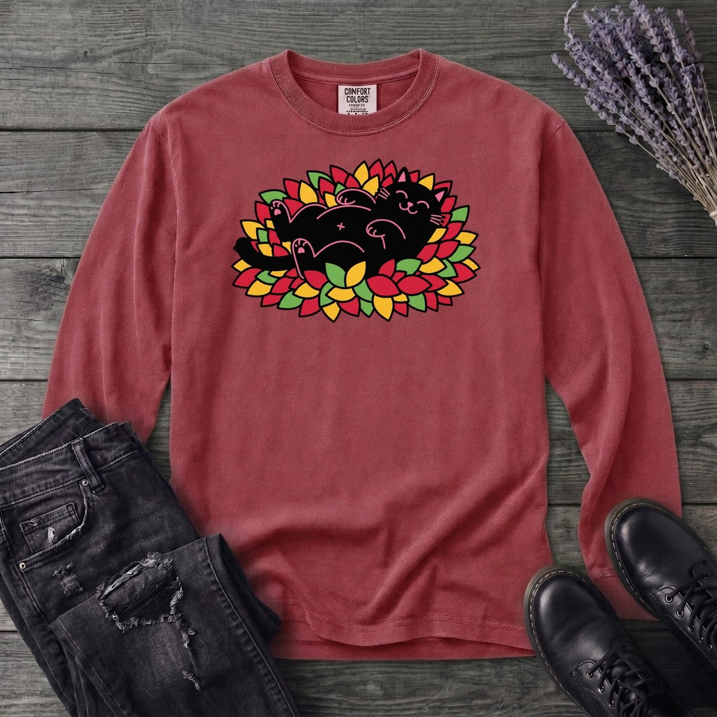 Black Cat Rolling Leaves Long Sleeve T-Shirt