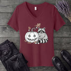 Raccoon And Pumpkin V-Neck T-Shirt
