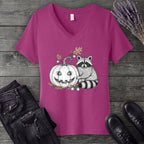 Raccoon And Pumpkin V-Neck T-Shirt