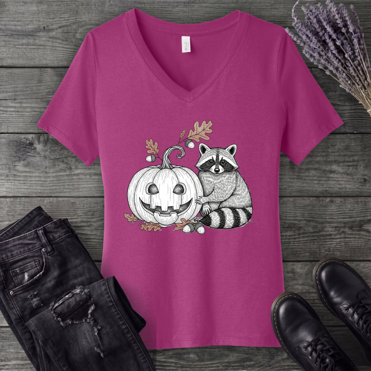 Raccoon And Pumpkin V-Neck T-Shirt