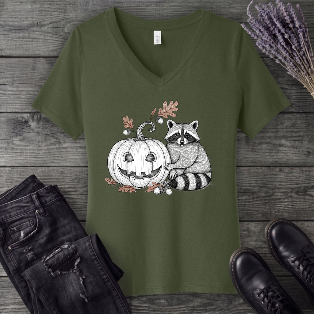 Raccoon And Pumpkin V-Neck T-Shirt