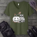 Raccoon And Pumpkin V-Neck T-Shirt