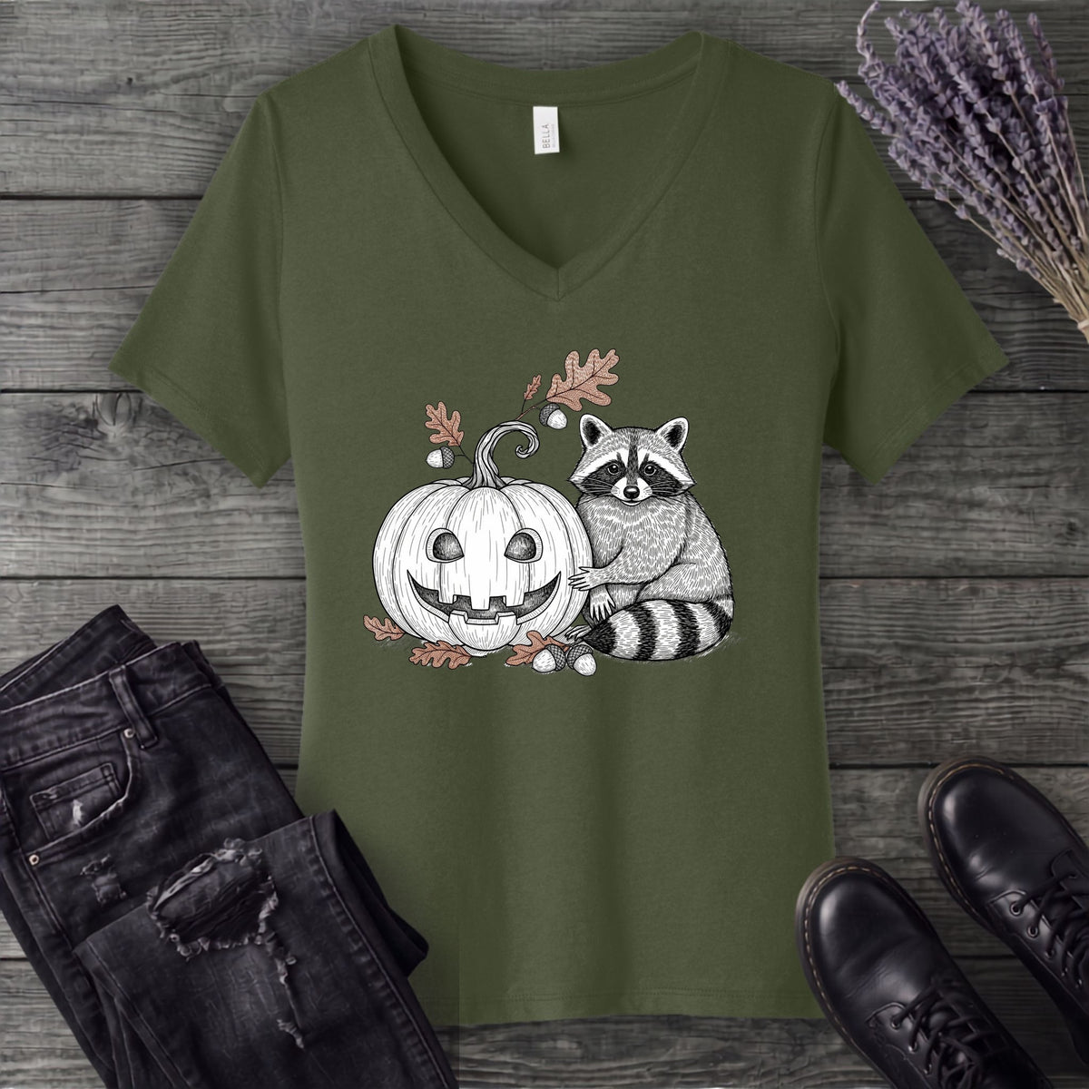 Raccoon And Pumpkin V-Neck T-Shirt
