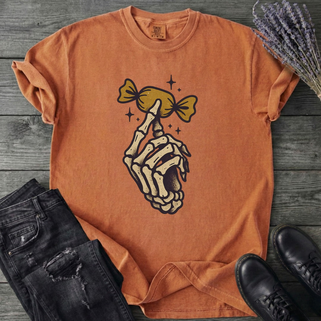 Skeleton Hand Holding Candy T-Shirt