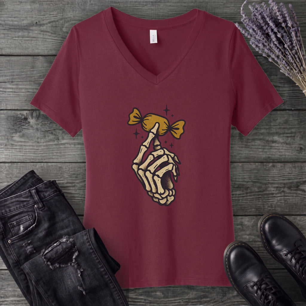 Skeleton Hand Holding Candy V-Neck T-Shirt