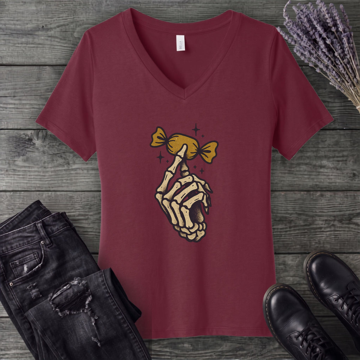 Skeleton Hand Holding Candy V-Neck T-Shirt