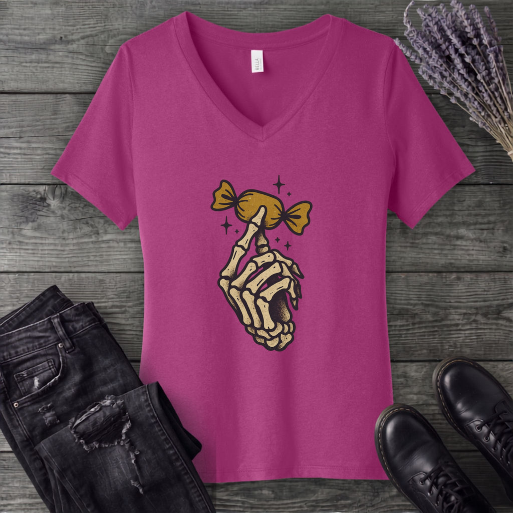 Skeleton Hand Holding Candy V-Neck T-Shirt