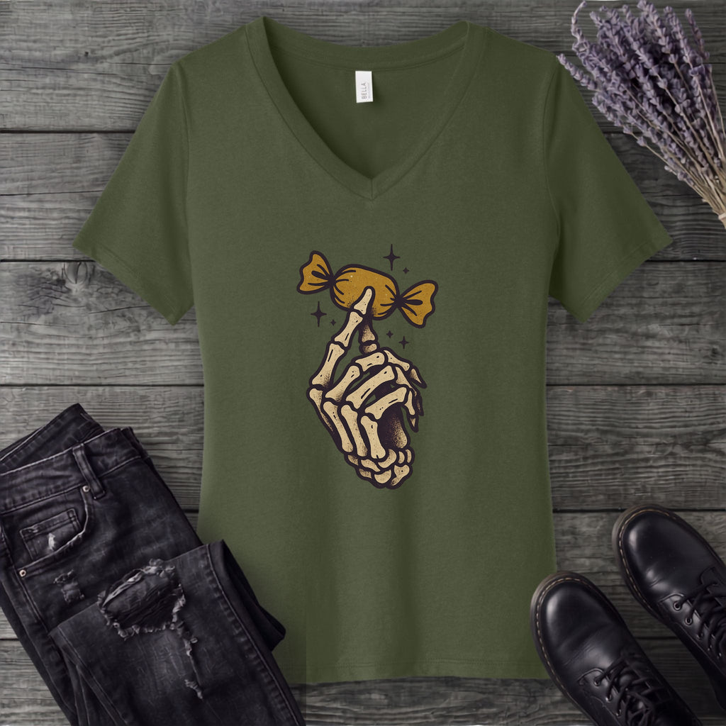 Skeleton Hand Holding Candy V-Neck T-Shirt