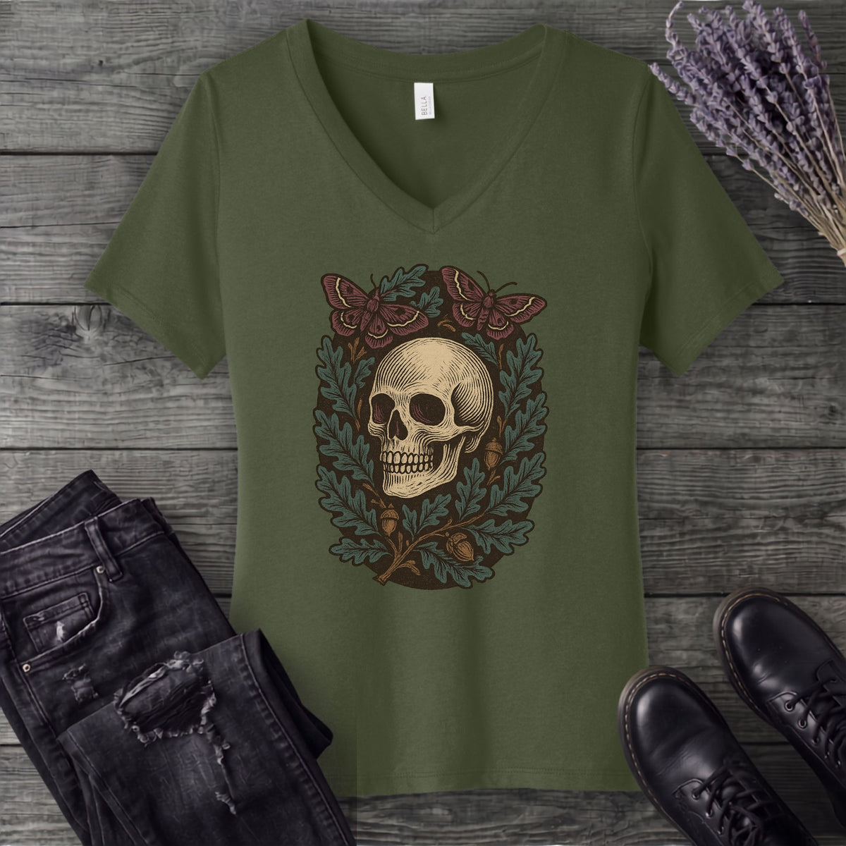 Skull And Moths V-Neck T-Shirt