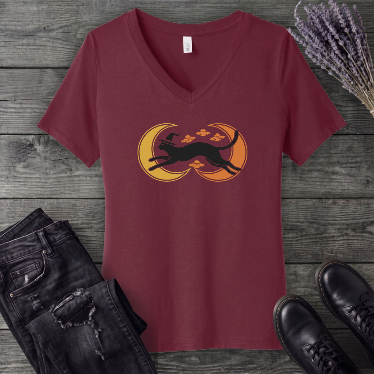 Witch Cat Celestial Ufo V-Neck T-Shirt