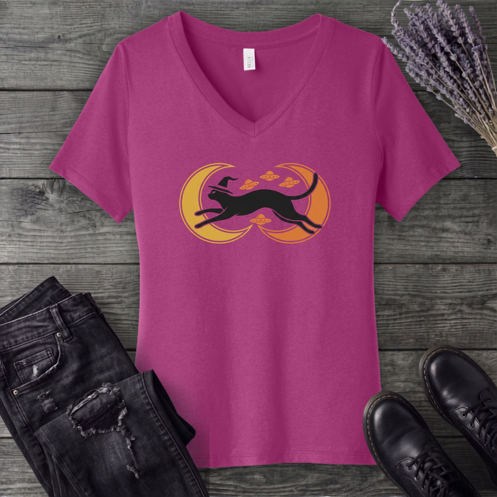 Witch Cat Celestial Ufo V-Neck T-Shirt