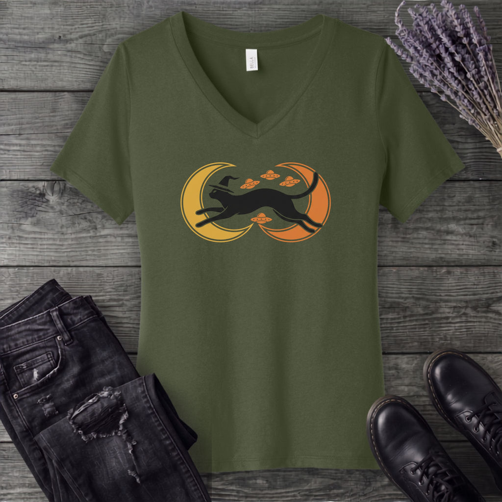 Witch Cat Celestial Ufo V-Neck T-Shirt