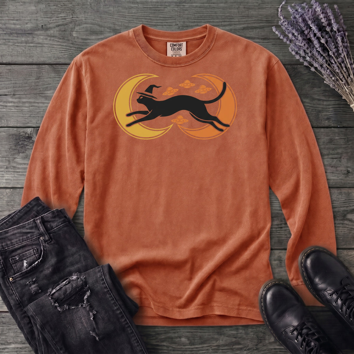 Witch Cat Celestial Ufo Long Sleeve T-Shirt