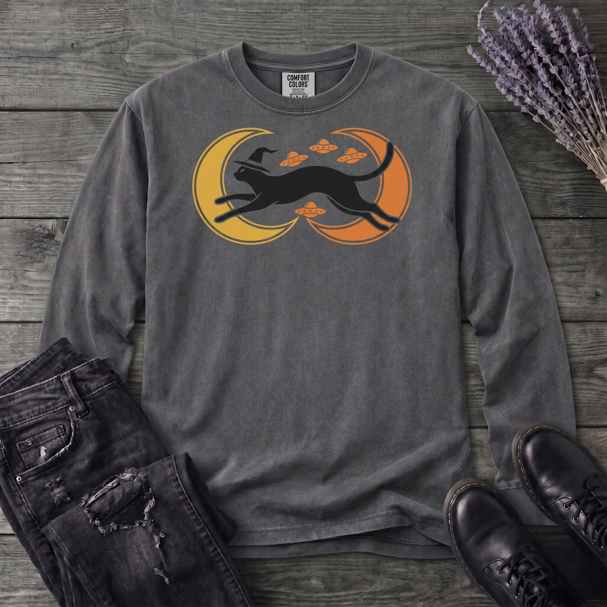 Witch Cat Celestial Ufo Long Sleeve T-Shirt