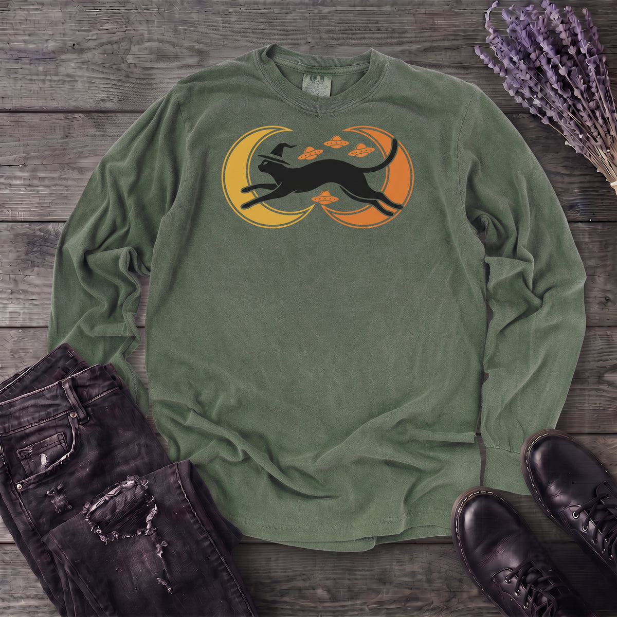 Witch Cat Celestial Ufo Long Sleeve T-Shirt