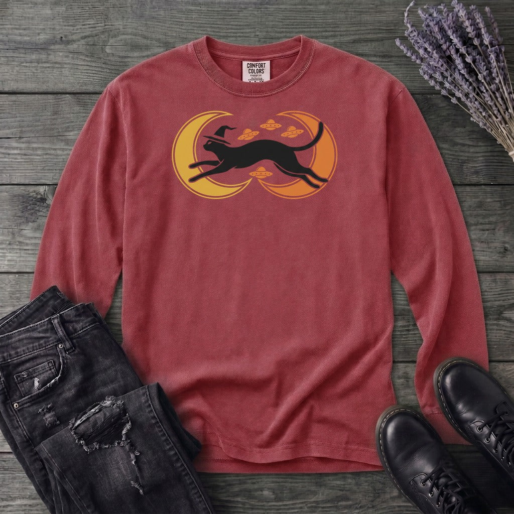 Witch Cat Celestial Ufo Long Sleeve T-Shirt