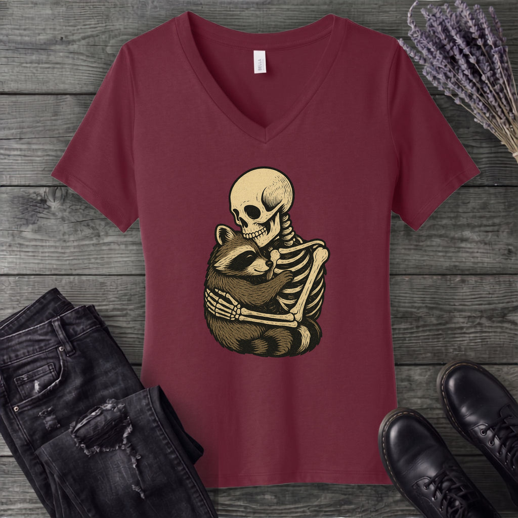 Skeleton Raccoon Hug V-Neck T-Shirt