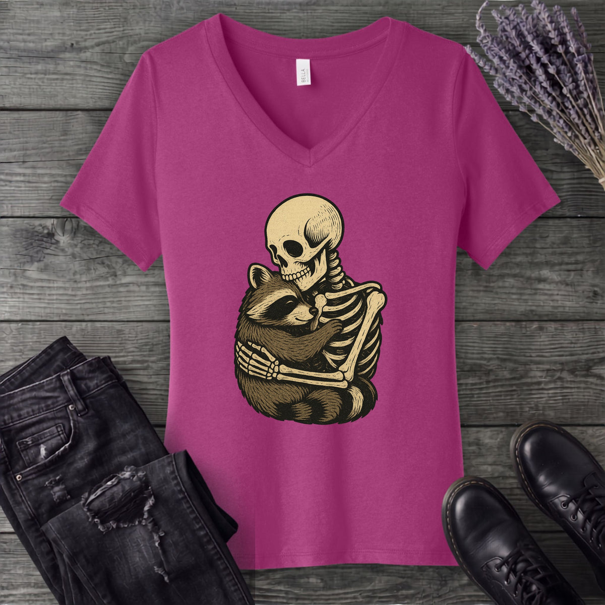 Skeleton Raccoon Hug V-Neck T-Shirt
