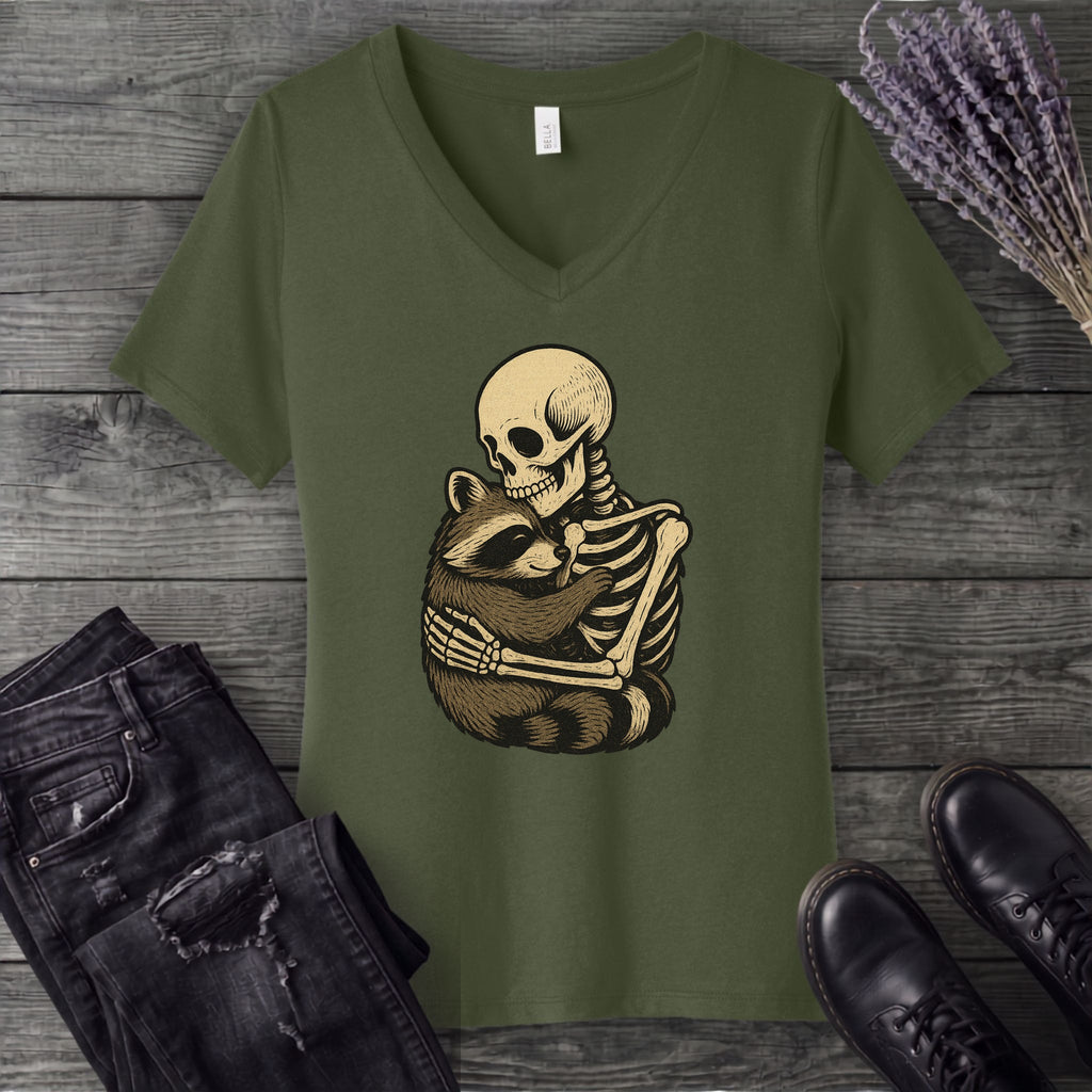 Skeleton Raccoon Hug V-Neck T-Shirt