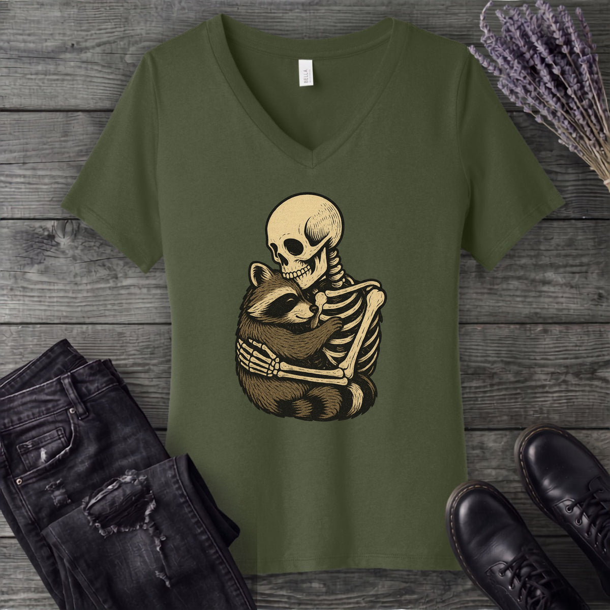 Skeleton Raccoon Hug V-Neck T-Shirt