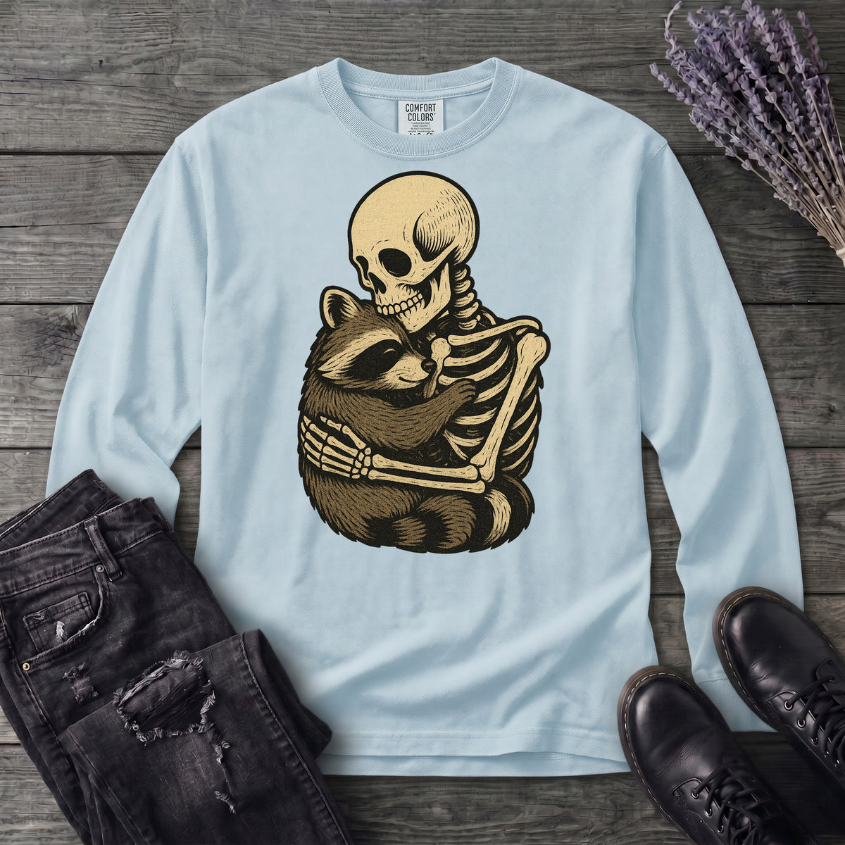 Skeleton Raccoon Hug Long Sleeve T-Shirt