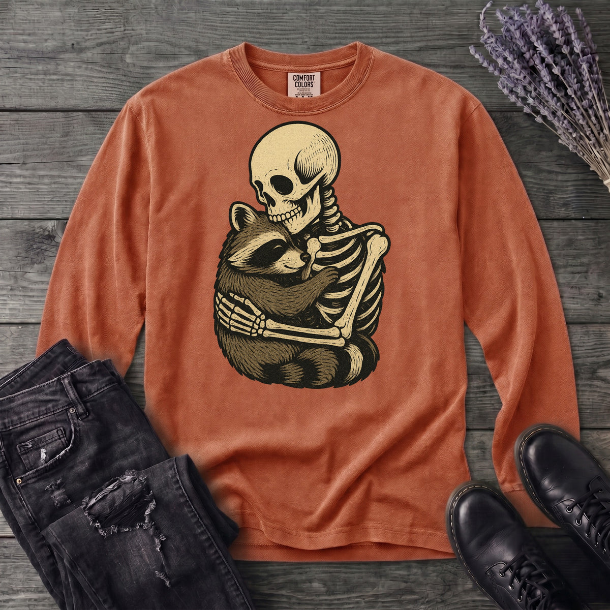 Skeleton Raccoon Hug Long Sleeve T-Shirt