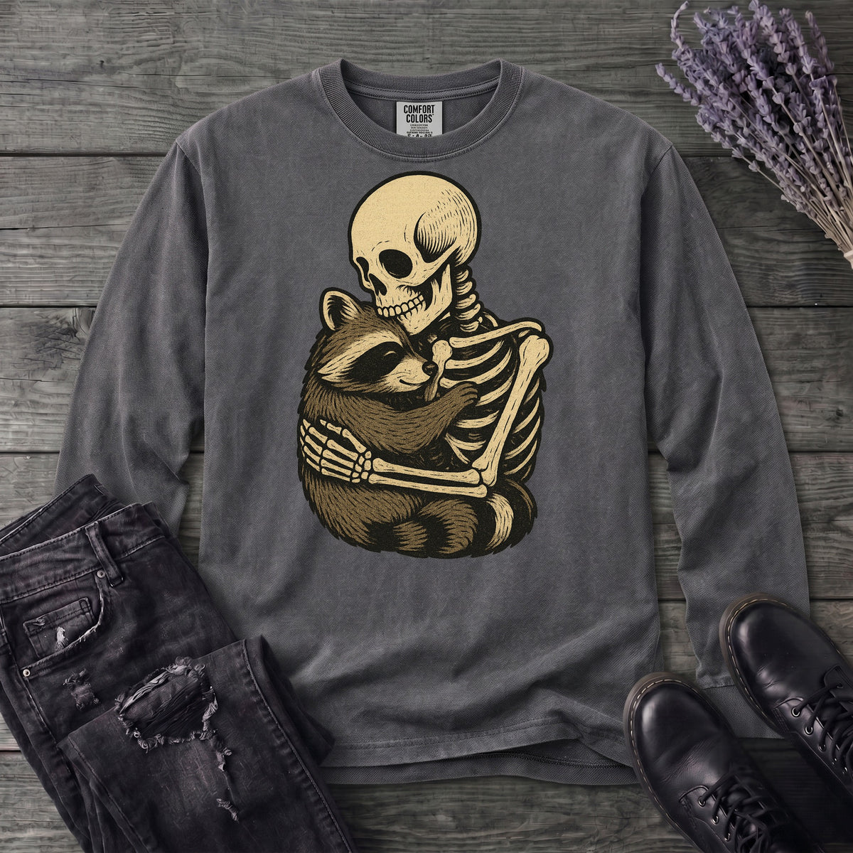Skeleton Raccoon Hug Long Sleeve T-Shirt