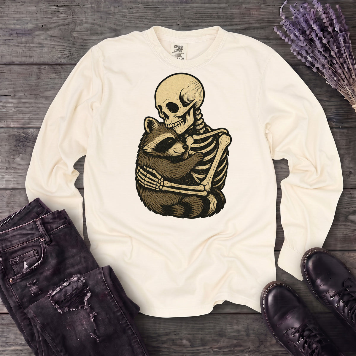 Skeleton Raccoon Hug Long Sleeve T-Shirt