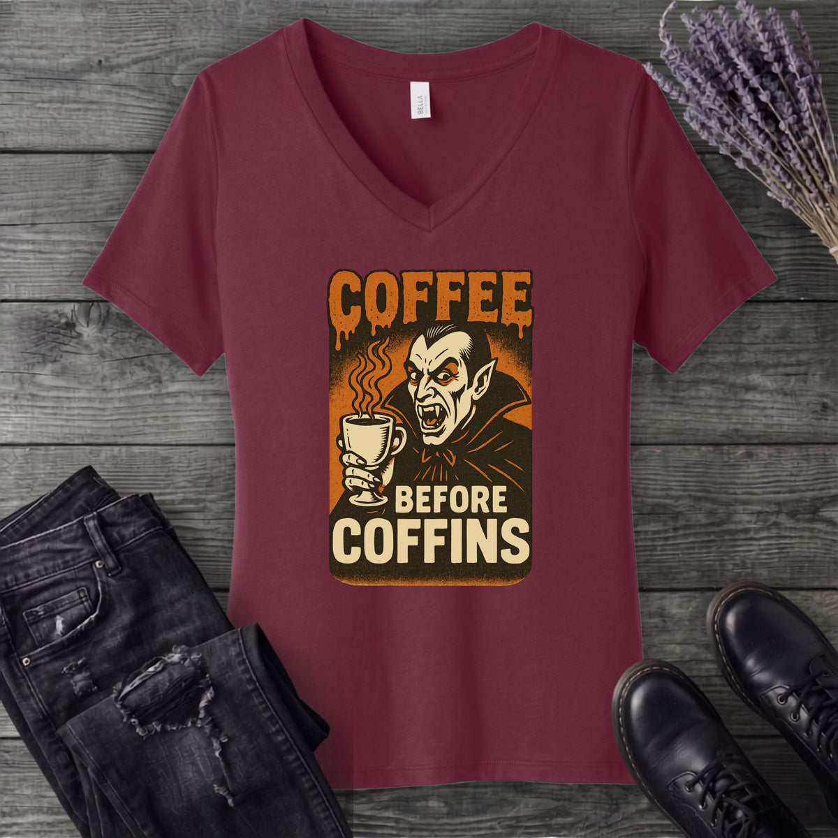Coffee Before Coffins V-Neck T-Shirt