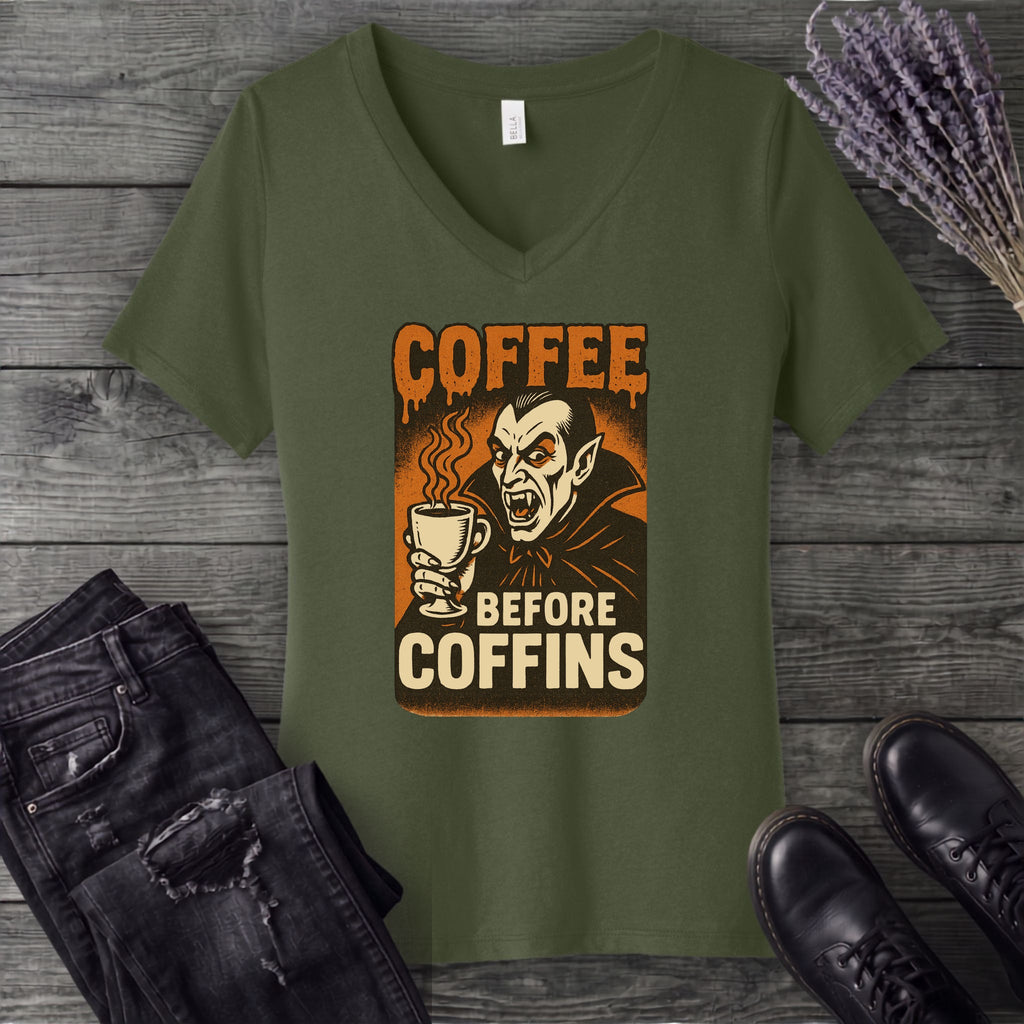 Coffee Before Coffins V-Neck T-Shirt
