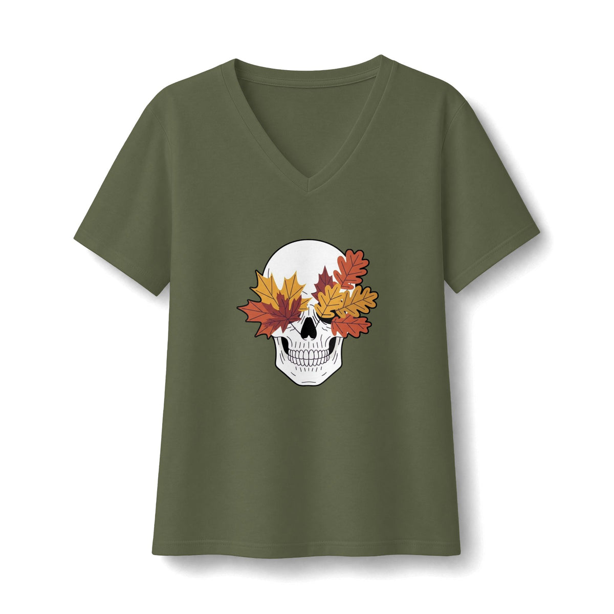 Fall Leaf Skull V-Neck T-Shirt