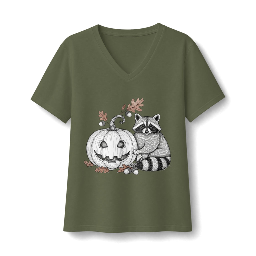 Raccoon And Pumpkin V-Neck T-Shirt