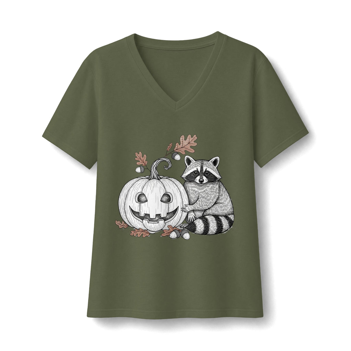 Raccoon And Pumpkin V-Neck T-Shirt