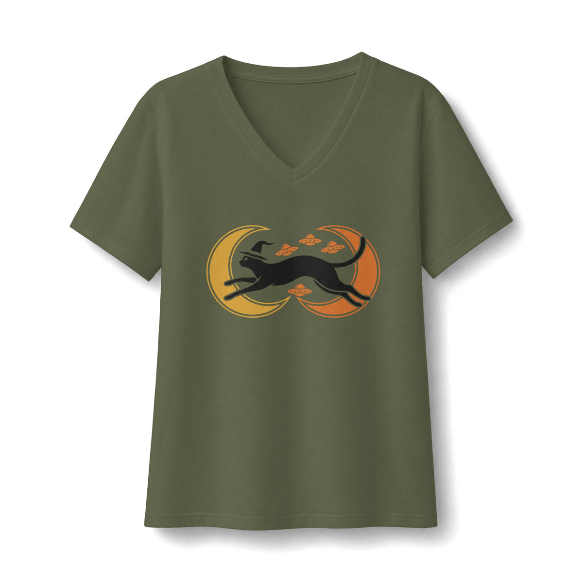 Witch Cat Celestial Ufo V-Neck T-Shirt