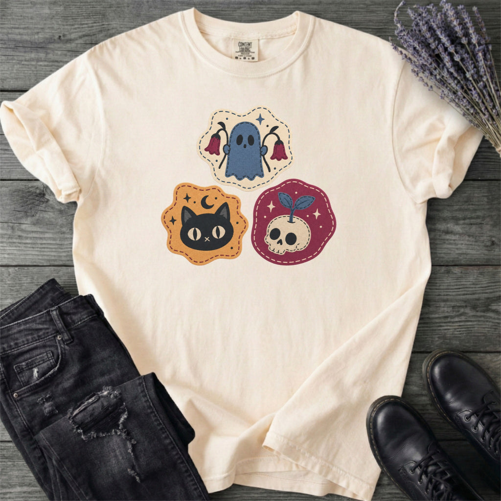 Faux Cat Ghost Skull Patches T-Shirt
