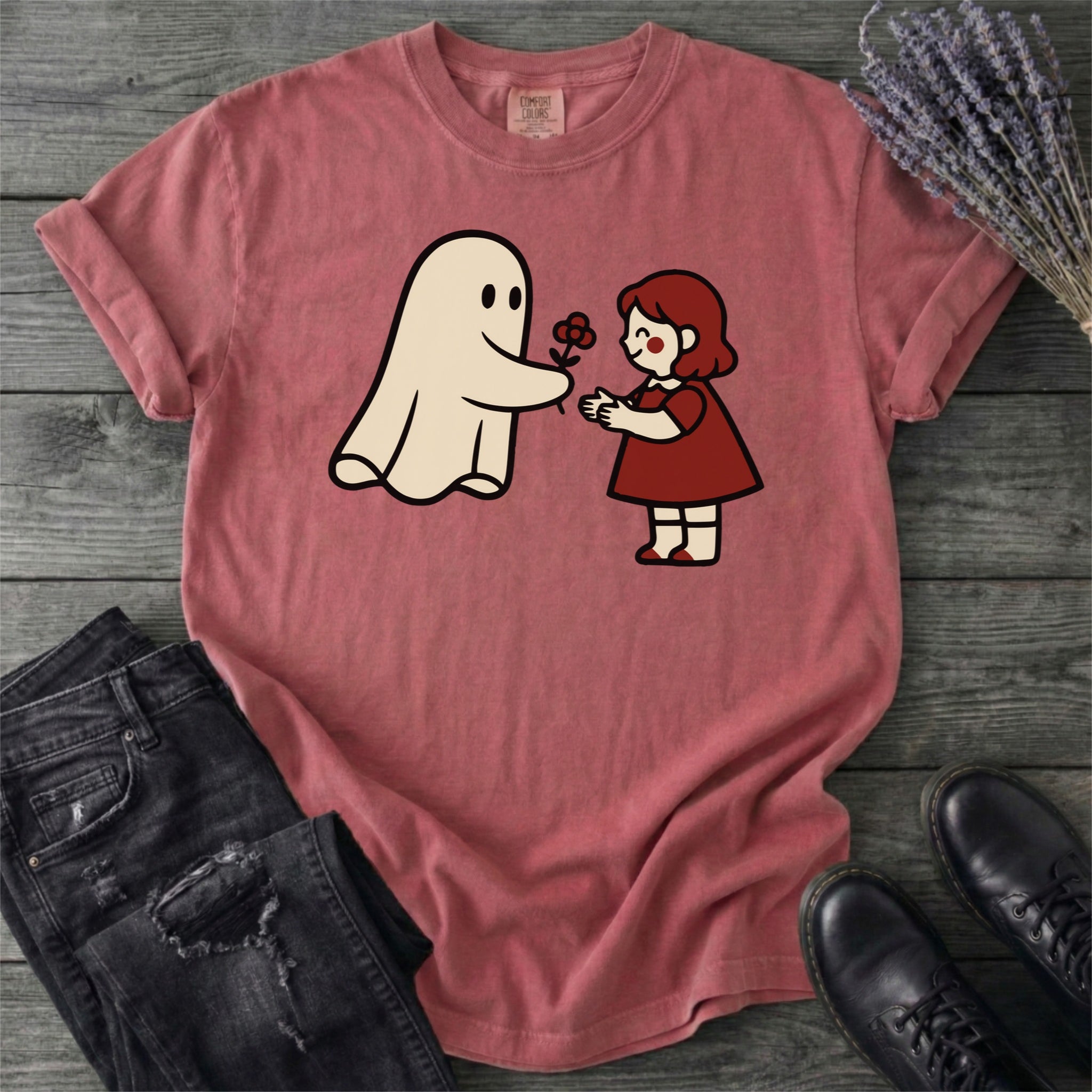 Ghost Giving Girl Flower T-Shirt