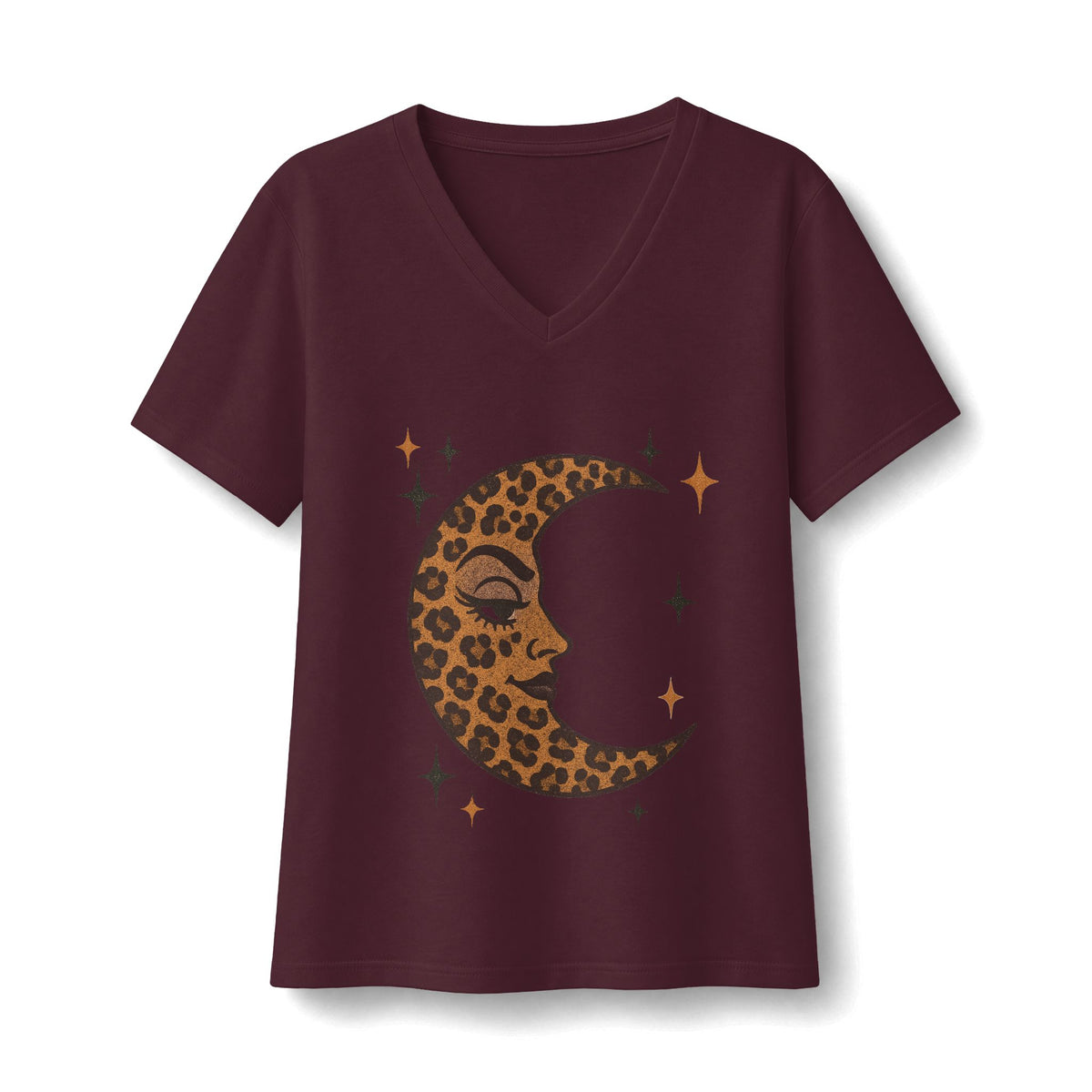 Leopard Print Crescent Moon V-Neck T-Shirt