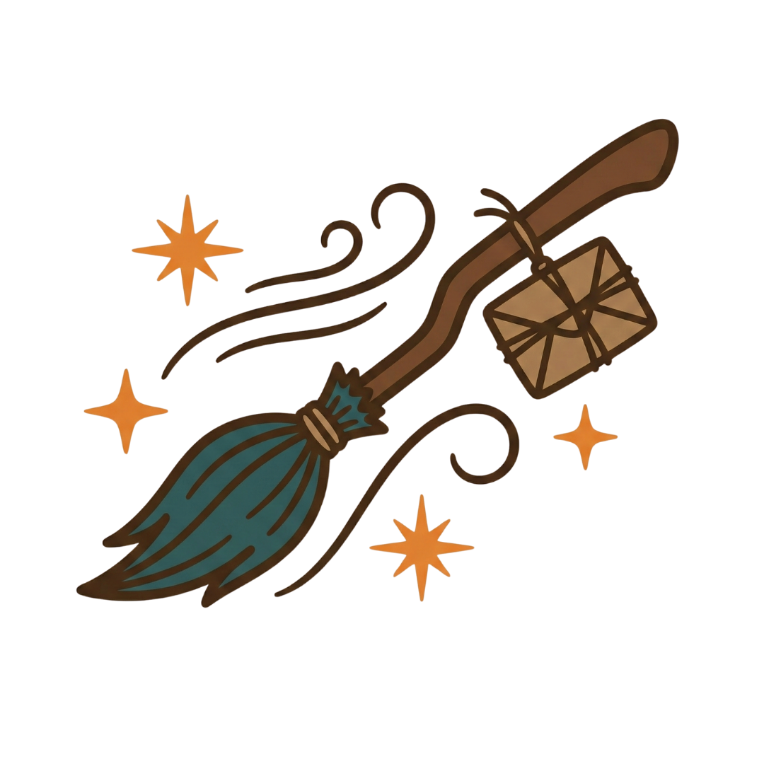 Illustration of a witch's broom with stars on a white background