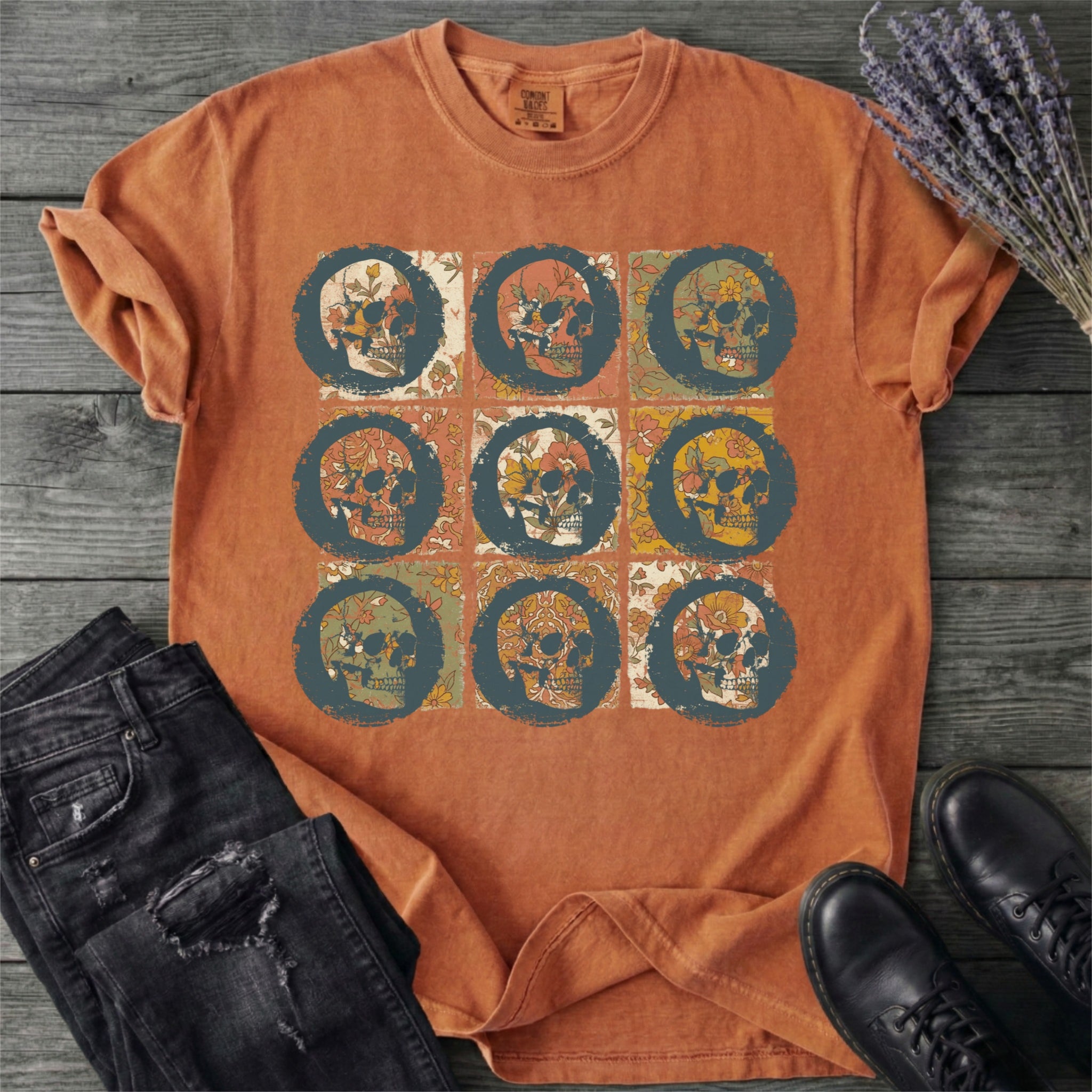 Grunge Skull Floral Grid T-Shirt