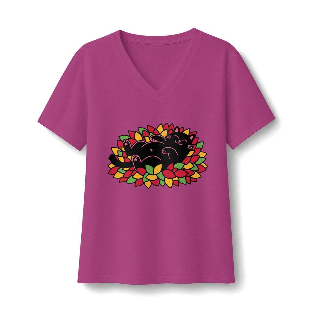 Black Cat Rolling Leaves V-Neck T-Shirt