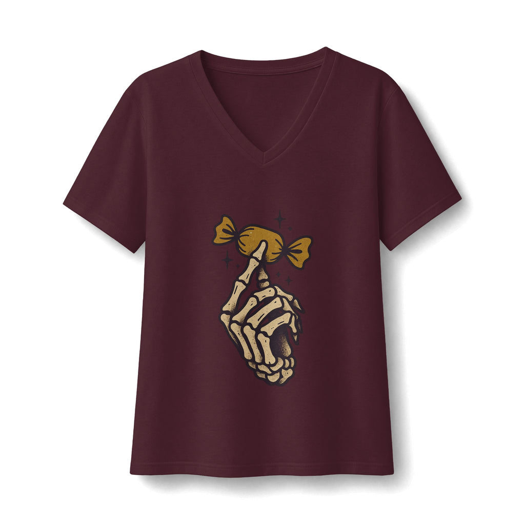 Skeleton Hand Holding Candy V-Neck T-Shirt