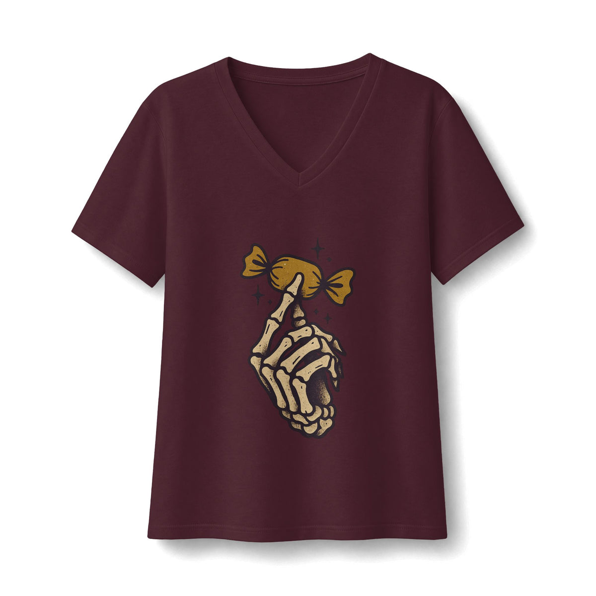 Skeleton Hand Holding Candy V-Neck T-Shirt