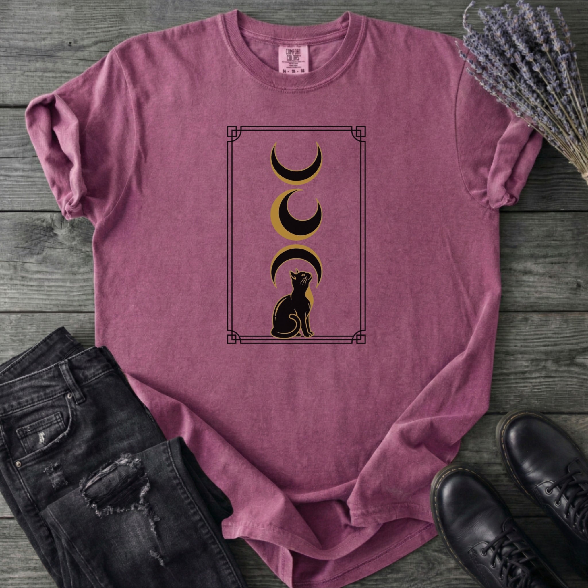 Art Deco Black Cat Moon Phases T-Shirt