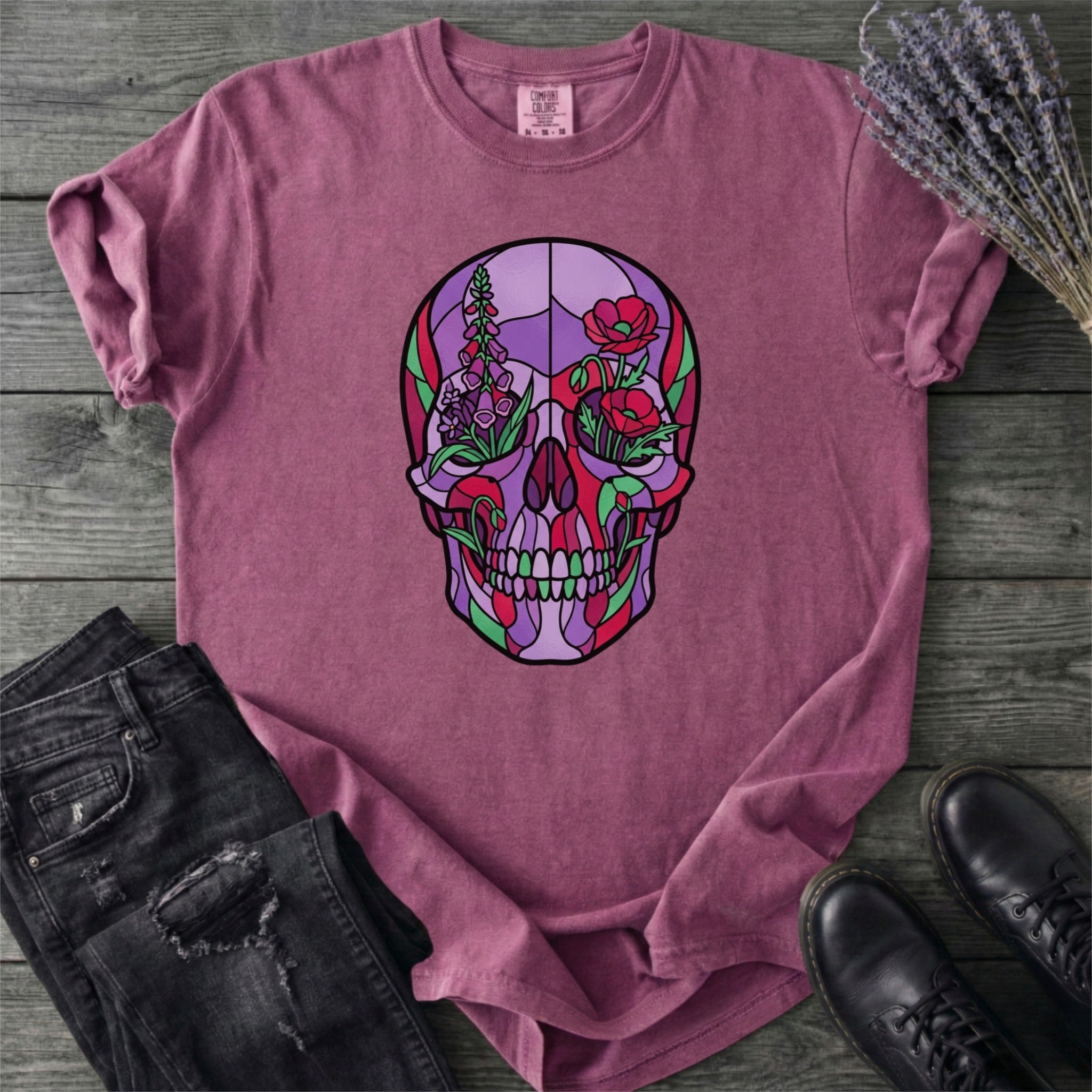Botanical Stained Glass Skull T-Shirt