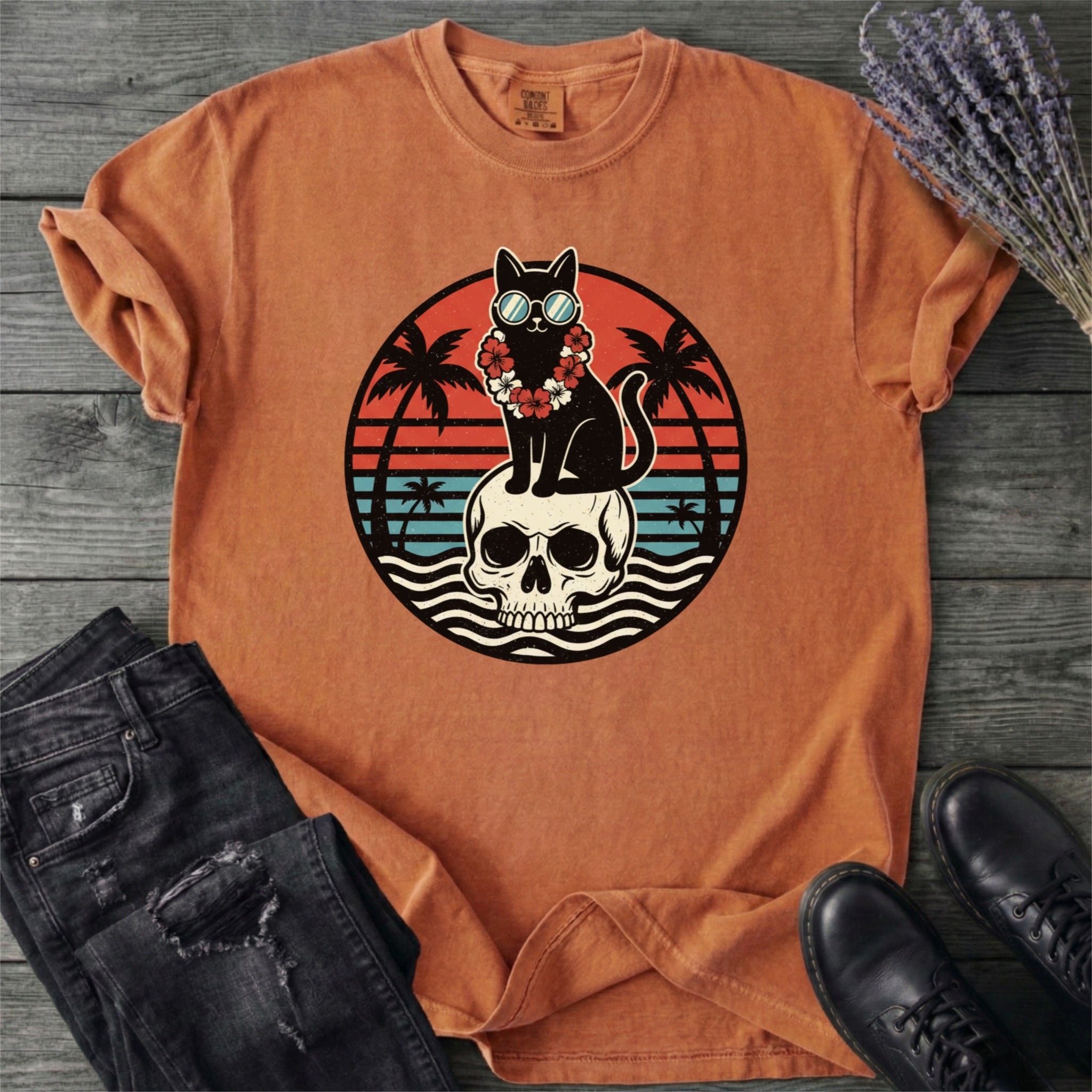 Tropical Cat And Skull T-Shirt