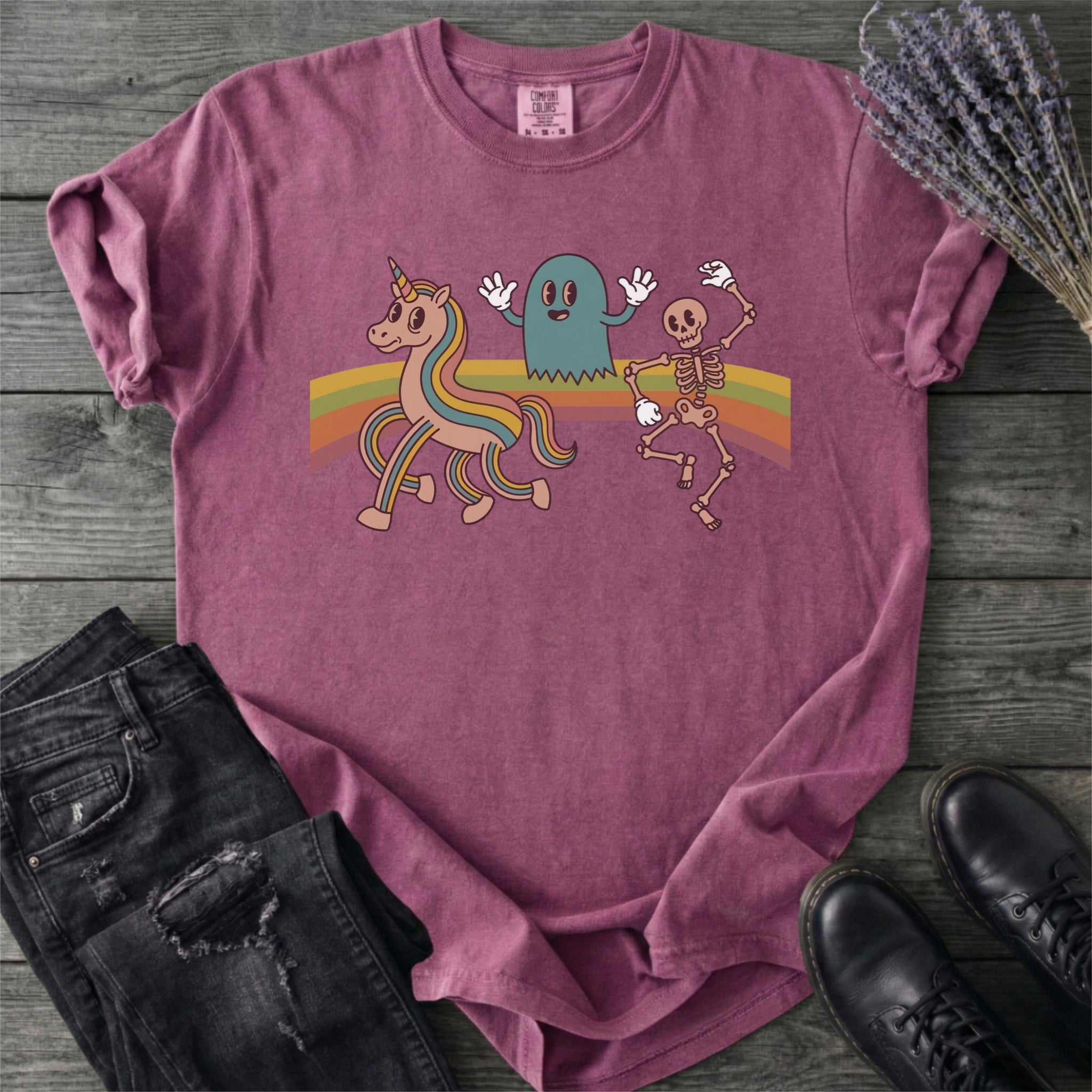 Retro Rainbow Unicorn Ghost Skeleton T-Shirt