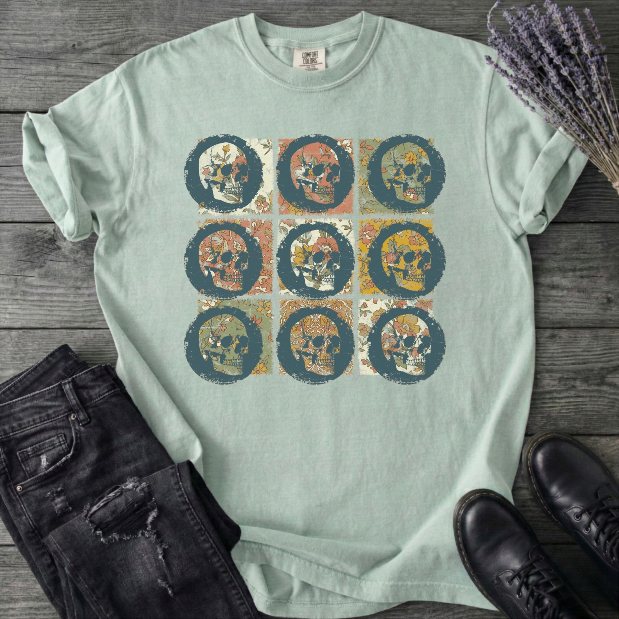 Grunge Skull Floral Grid T-Shirt