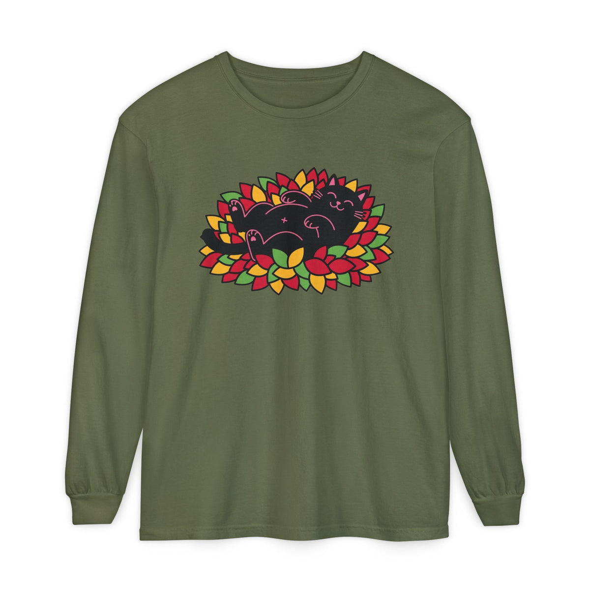 Black Cat Rolling Leaves Long Sleeve T-Shirt